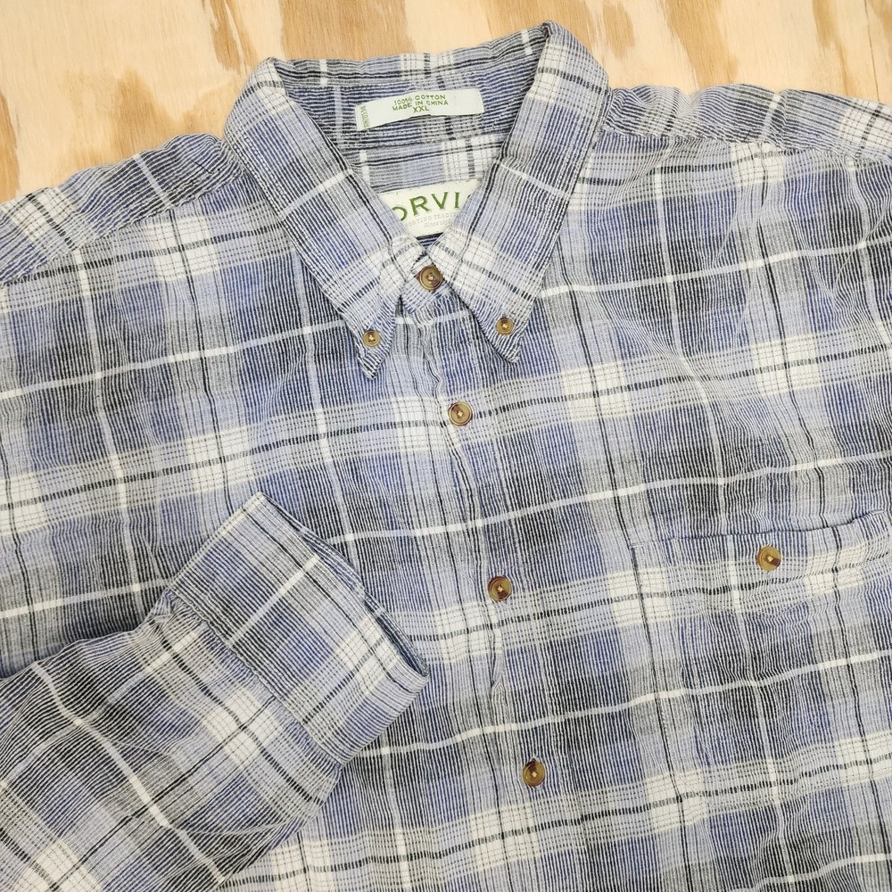 Orvis Mens XXL Corduroy Long Sleeve Button Down Pastel Blue Plaid Cotton‎